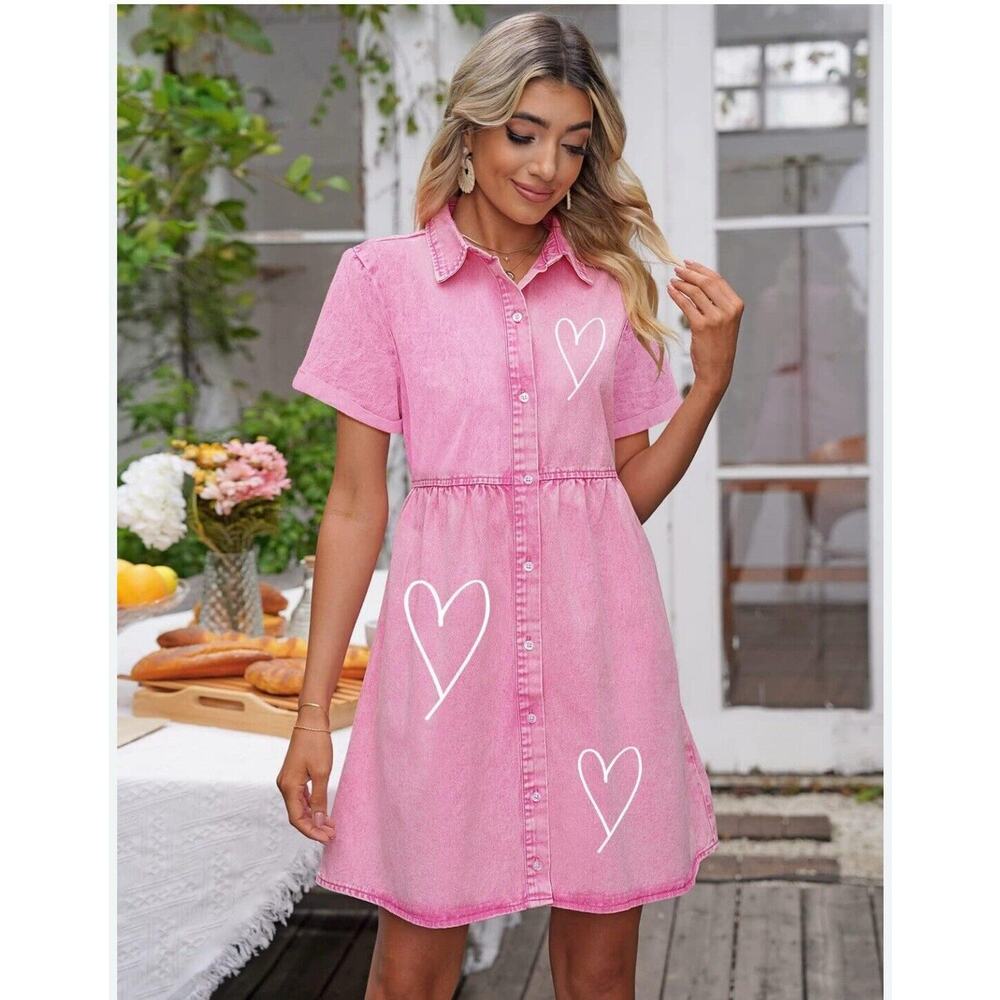 Pink Acid Wash Denim Button Down Babydoll Tiered Heart Print Dress Sz S